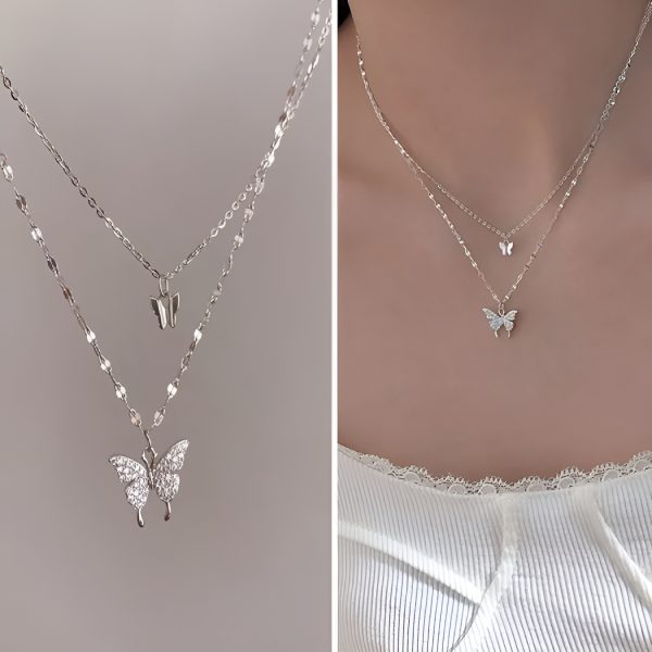 Women Double Layer Pendant Chain Silver Butterfly Necklace Chain