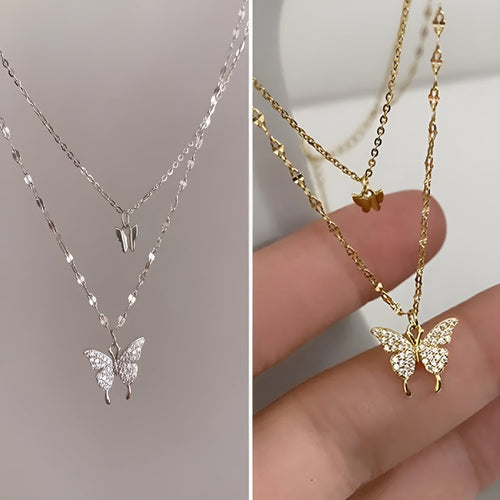 Women Double Layer Pendant Chain Silver Butterfly Necklace Chain